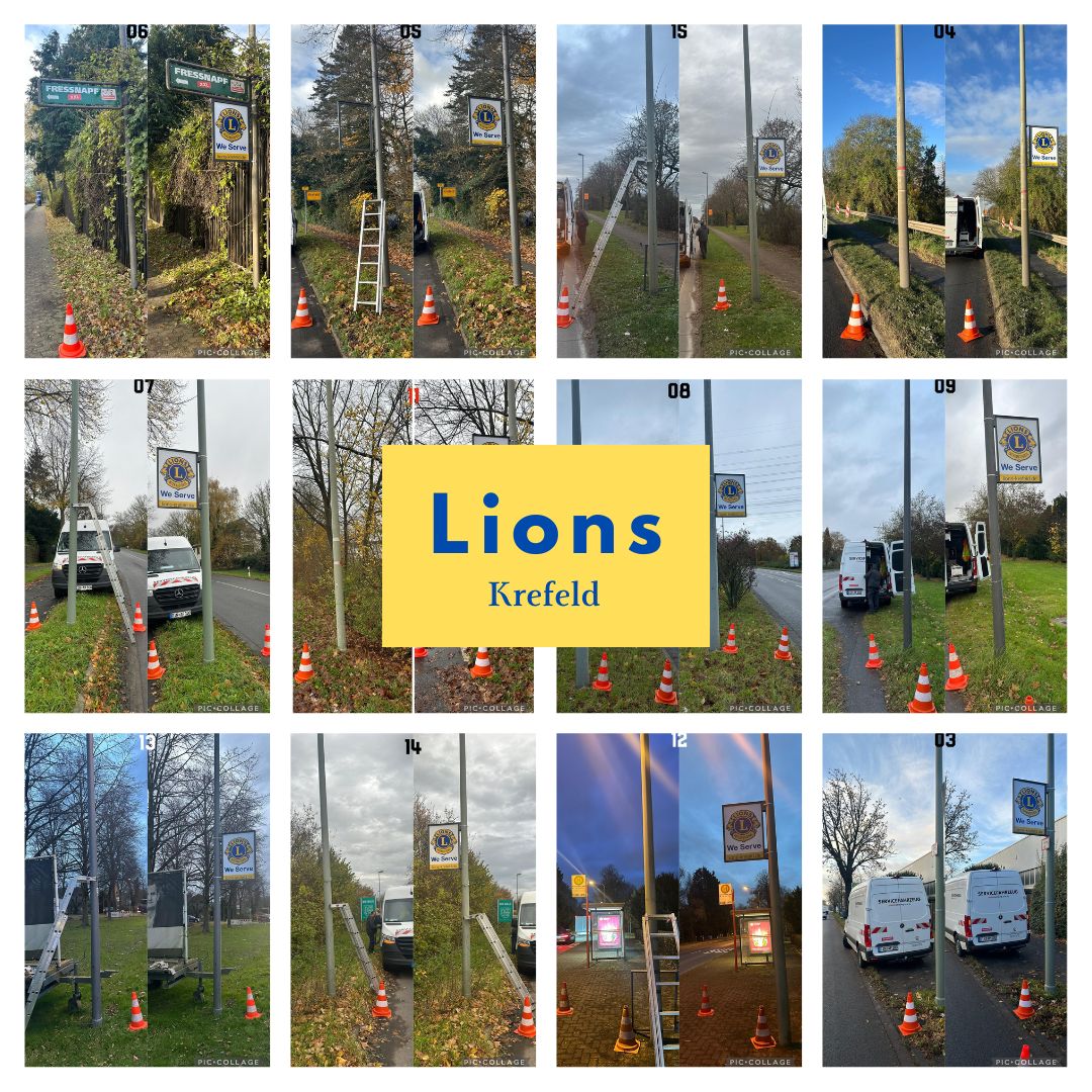 Collage der neuen Lions-Ortseingangsschilder in Krefeld